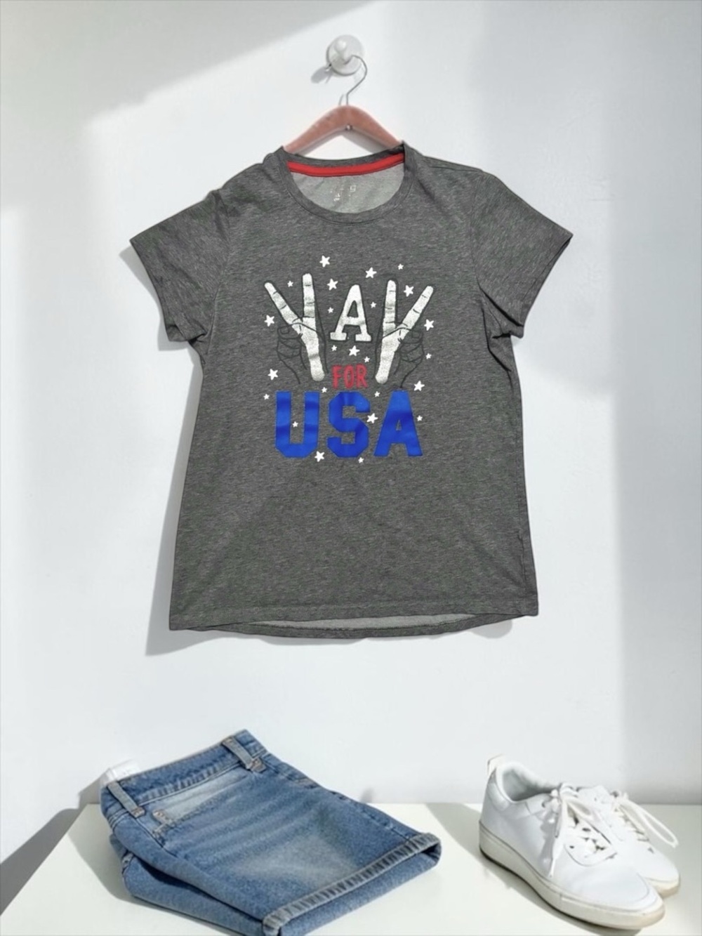 BCG Girls “YAY FOR USA” Glitter Tee  XL (16) Dark Gray
